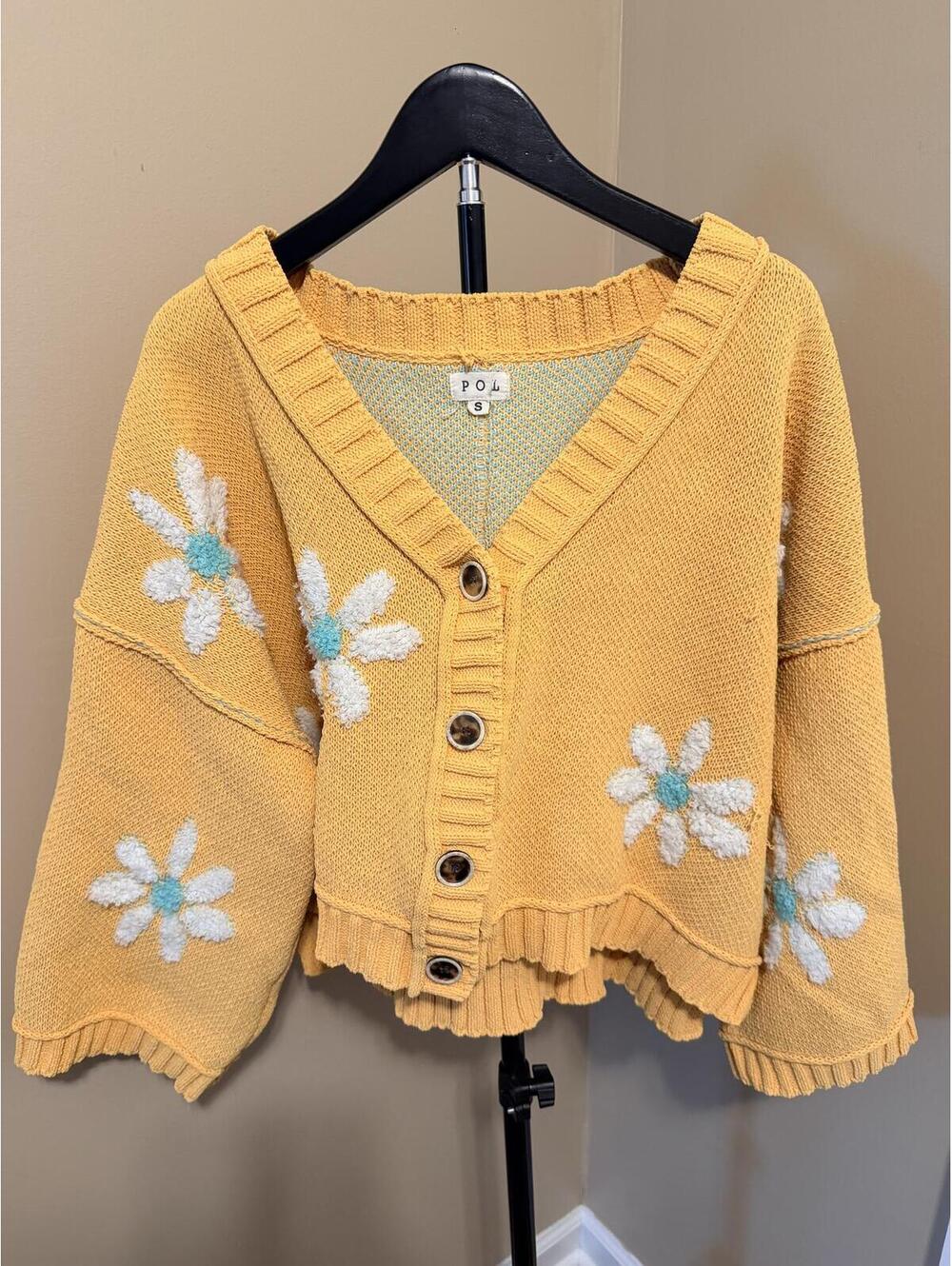 POL Mustard Daisy Cardigan Size Small Floral Embroidered Cottagecore Boho